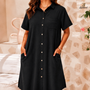 Zambeel Women's Short Sleeve Button-Down Shirt Dress with Pockets - Black