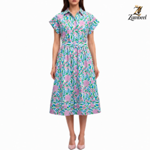 Zambeel Women Floral Print Short Sleeve Belted Midi Shirt Dress