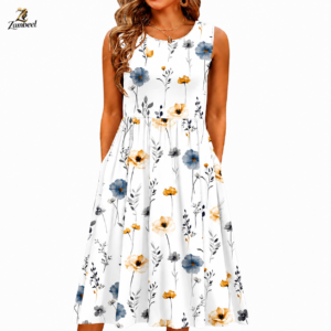 Zambeel Women's Floral Print Sleeveless Casual Midi Dress - White