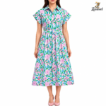 Zambeel Women's Floral Print Short Sleeve Belted Shirt Dress