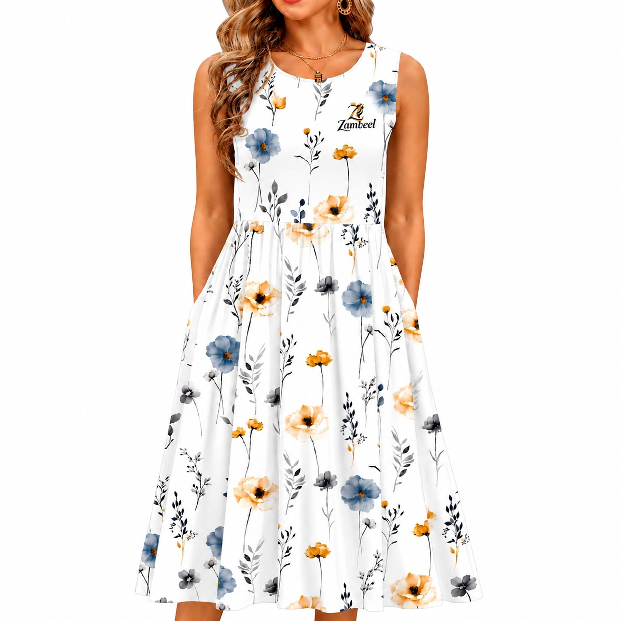 file_00000000e9cc820ba00723a040cf91f4 Zambeel Women's Floral Print Sleeveless Pocket Sundress - Image 1