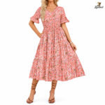 Zambeel Women's Pink Floral V-Neck Tiered Midi Dress