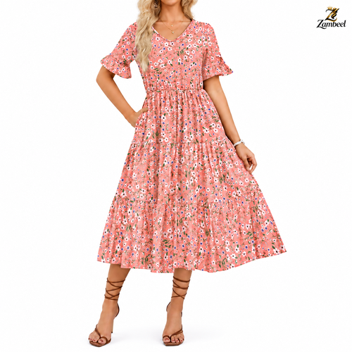 product_image_500x500 Zambeel Women's Pink Floral V-Neck Tiered Midi Dress - Image 1