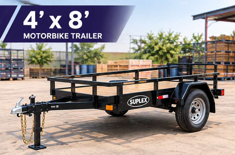 Cargotrailer 4′ x 8′ Motorbike Trailer – Single Axle, Wood Deck, Mesh Ramp Gate