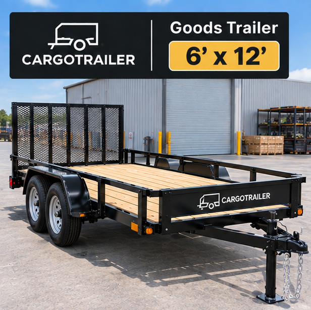 Cargotrailer 6′ x 12′ Goods Trailer – Tandem Axle, Wood Deck, Mesh Ramp Gate