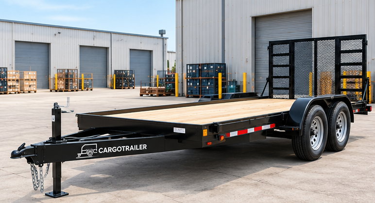 Cargotrailer 6′ x 10′ Flatbed Trailer – Tandem Axle, Wood Deck, Bi-Fold Mesh Ramp Gate