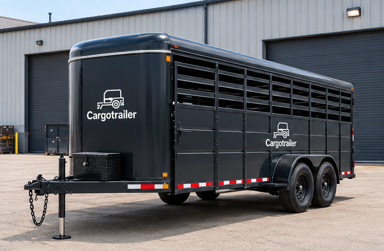 Cargotrailer 8′ x 32′ Livestock Trailer – Tandem Axle, Enclosed Roof, Front Tack Box
