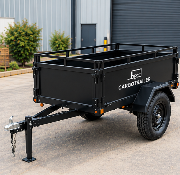 Cargotrailer 7′ x 12′ Motorbike Trailer – Single Axle, Steel Box Body, Top Rail