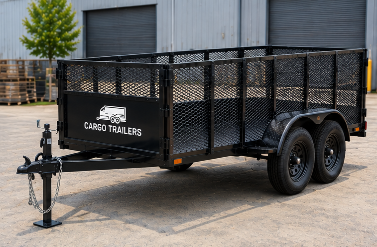 img50_1-1.png Cargotrailer 6.5′ x 14′ Cargo Trailer – Tandem Axle, High Mesh Sides, Ramp Gate - Image 1